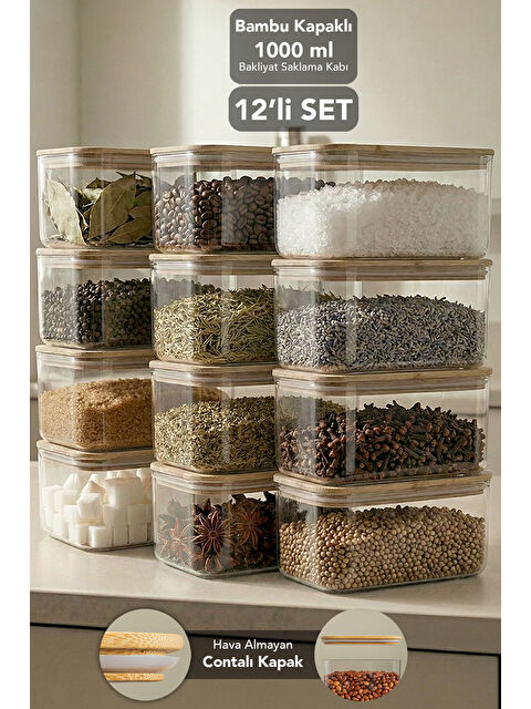 Meleni Home 12'li Bambu Kapak Aura Dikdörtgen Erzak Saklama Kabı 1 l