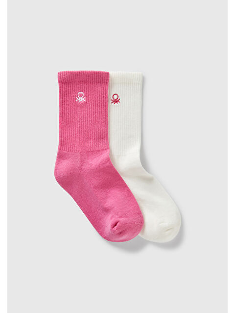 United Colors Of Benetton Erkek Çocuk Pembe-Beyaz Logo İşlemeli 2'li Uzun Soket Çorap Seti - S000364301-37390