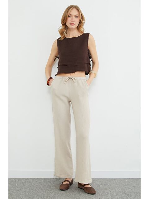 Fullamoda Beli Bağlamalı Müslin Kumaş Palazzo Pantolon