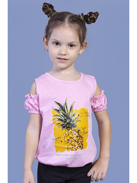 Toontoykids Kız Çocuk Kolları Detaylı  Ananas Baskılı Tişört