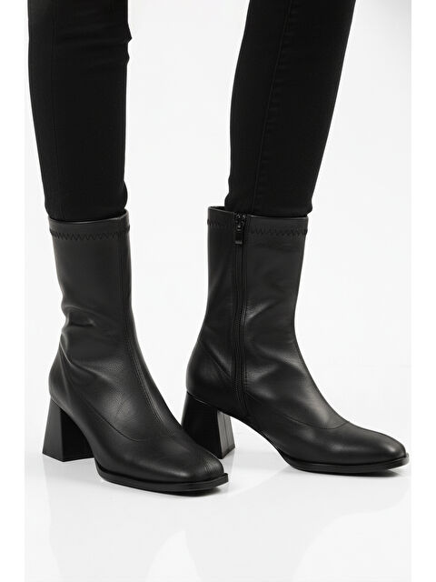 Ayakmod Siyah Polarlı Fermuarlı Streç Kadın Topuklu Bot 2615 Z - S000493048-19351