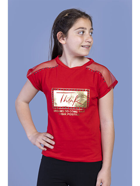 Toontoykids Kız Çocuk Omuzu Tül Detaylı Varak Baskılı Tişört