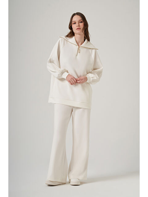 Nuss Şerit Detay Tunik Pantolon Takım 1093 Ekru
