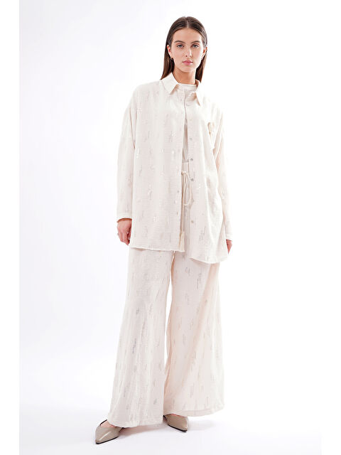 Remsa Halat Broş Aksesuarlı Pullu Payet Pantolonlu Takım 935 Ekru