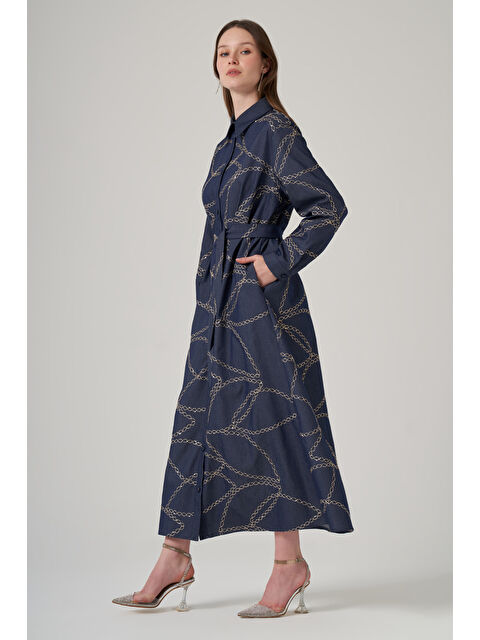 Nuss Önü Düğmeli Pul Detay Kuşaklı Elbise 2044 Denim