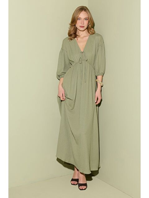 Fullamoda Önü Bağlamalı Beli Lastikli Maxi Boy Elbise