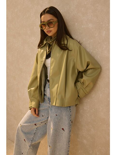 HE-QA Pile Detaylı Deri Ceket Adaçayı