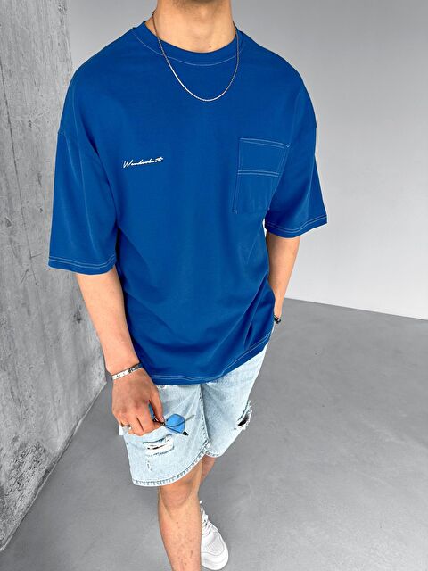 Abluka Online Erkek Oversize Nakışlı Ters Cep Detaylı Tişört Mavi - S000155212-17234