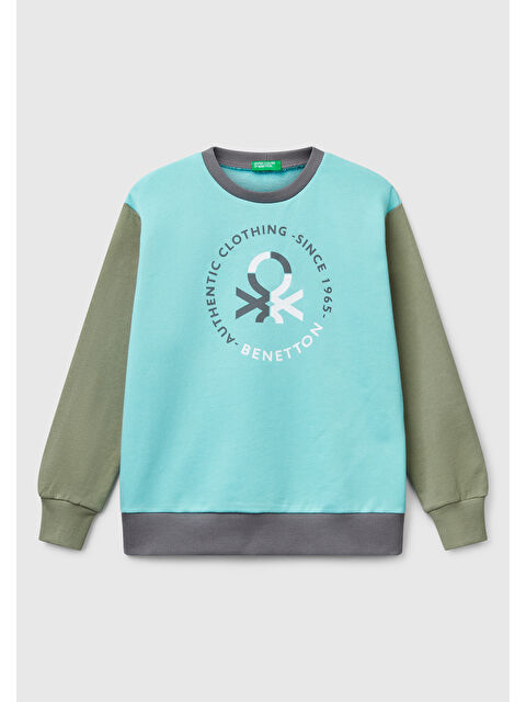 United Colors Of Benetton Erkek Çocuk Turkuaz Mix Benetton Logo Baskılı Bisiklet Yaka Sweatshirt - S000364835-20055