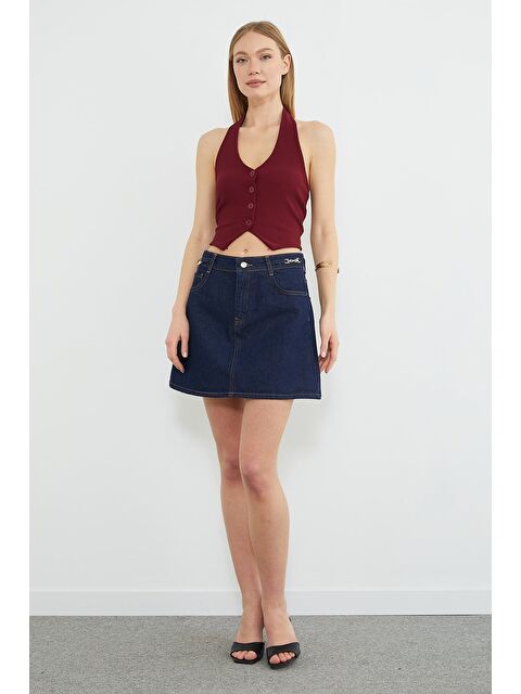 Fullamoda Zincir Kemer Detaylı Mini Jean Etek