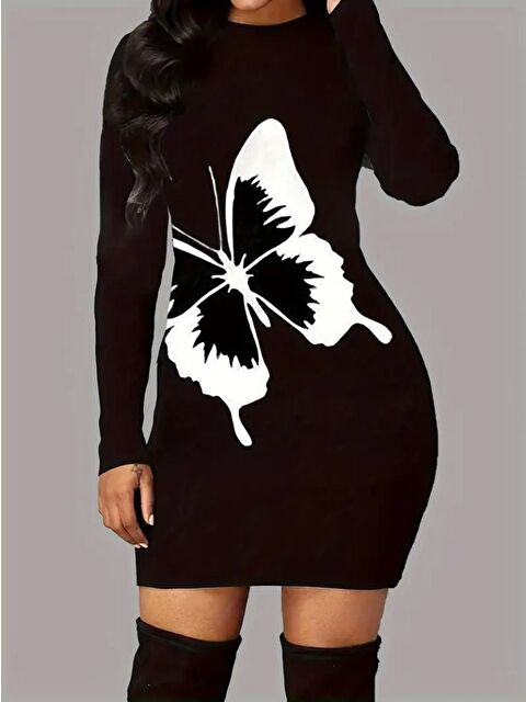 Jane's Kadın Uzun Kollu Bisiklet Yaka Kelebek Desenli Kısa Viskon Iki Iplik Elbise - S000528929-19351