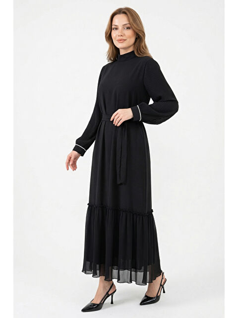 Remsa Pilise Detay Kuşaklı Elbise 5508 Siyah