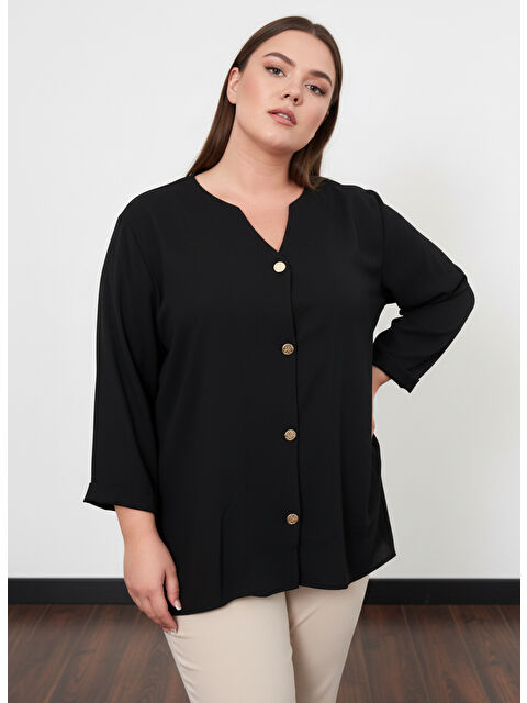 Pera Moda Büyük Beden Gold Düğmeli V Yaka Kadın Gömleği - S000504802-19351
