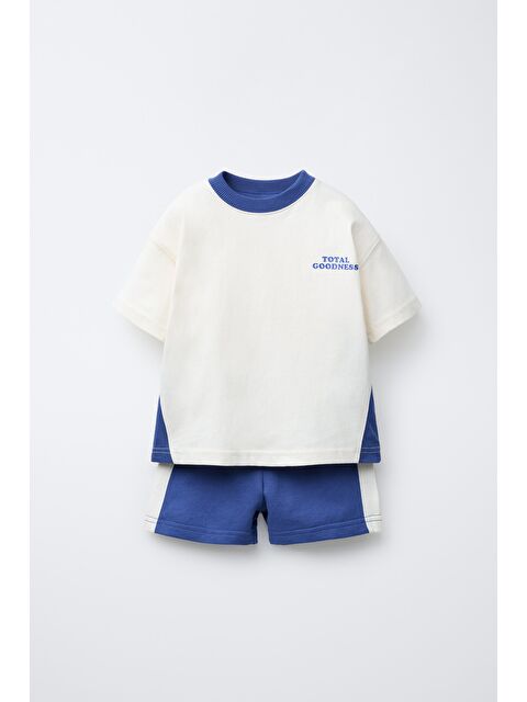 Magu Erkek Çocuk Pamuklu Mavi Blok Renk T-Shirt Şort Takım