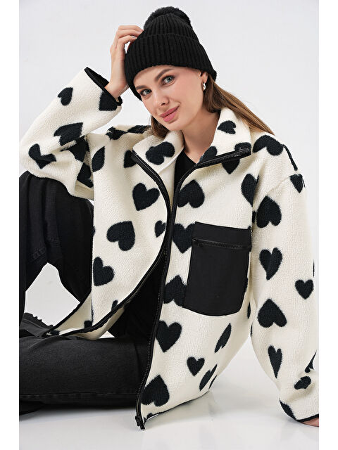 Bigdart 55446 Fermuarlı Oversize Pelüş Ceket Mont - A.Beyaz - S000291464-20063