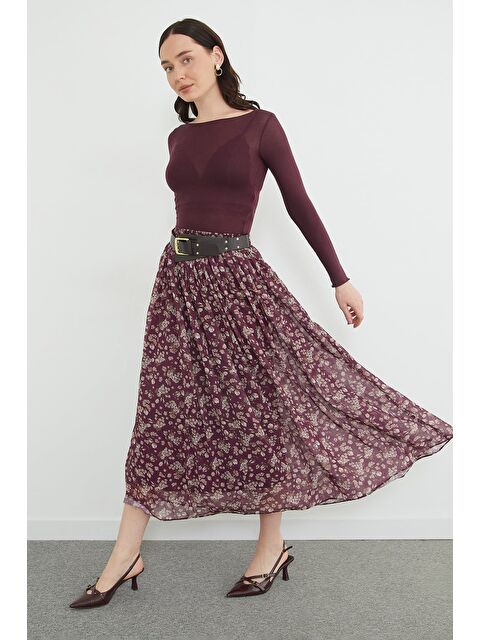 Fullamoda Kemerli Çiçek Desenli Maxi Boy Şifon Etek