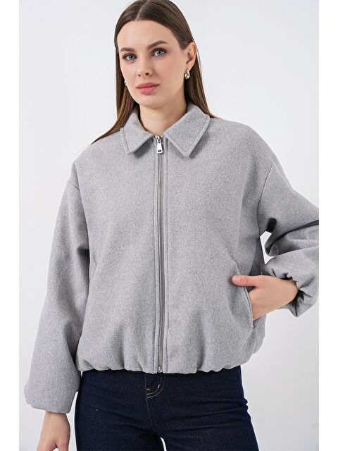 Bigdart Kadın Büzgülü Oversize Kaşe Ceket 0728 - A.Gri - S000448691-17308