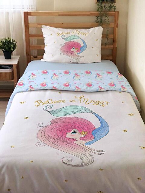 Evmila Çift Taraflı Deniz Kızı Desenli Çarşafsız 2'li Takım  Tek Kişilik Nevresim Takımı 160x220 Cm - S000123779-23173