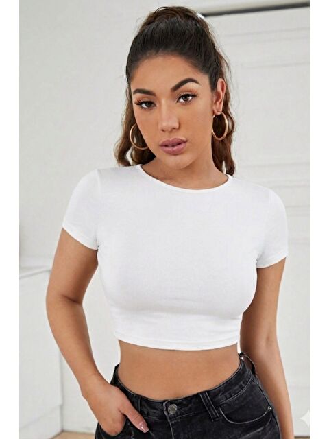 Tarz Cool Kadın Sırtı Açık Bağlama Detaylı Kısa Kollu Crop Tişört