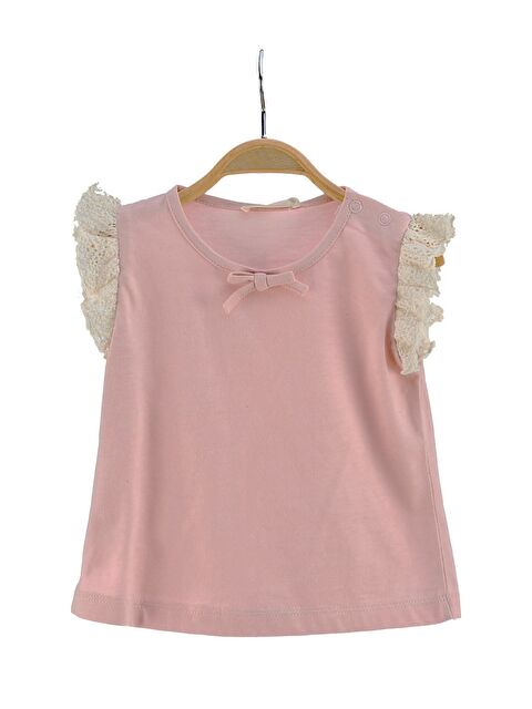 MİNİNİO Kız Bebek Pembe Kolları Dantelli T-Shirt (6Ay-4Yaş) - S000362806-20024