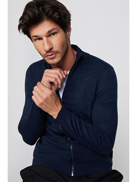 TUDORS Slim Fit Desenli Dik Yaka Fermuarlı Lacivert Erkek Hırka