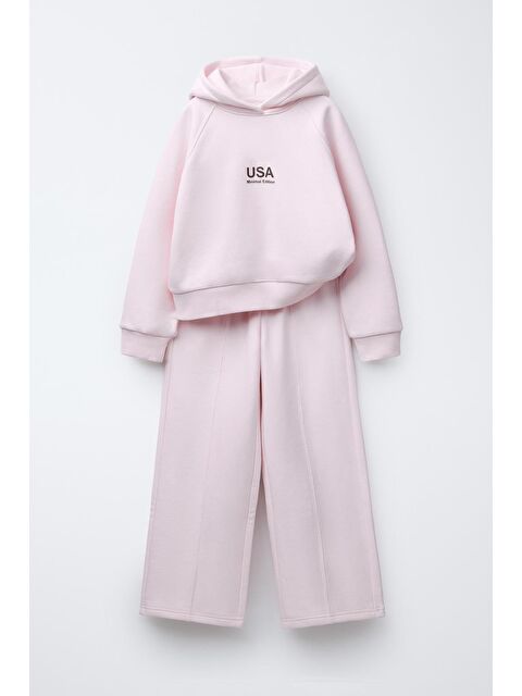 Magu Kız Çocuk Pamuklu Pudra Kapüşonlu Sweatshirt Ve Geniş Paça Eşofman Takım – Minimal Rahat Tarz - S000470498-20024
