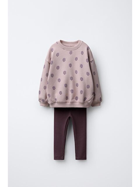 Magu Kız Çocuk Pamuklu Lila Çiçek Desenli Sweatshirt Ve Tayt Takım – Rahat Günlük Stil - S000470501-23173