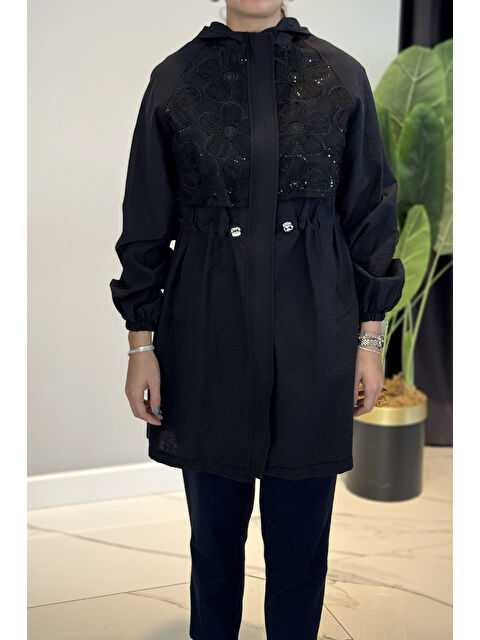 Remsa Çiçek İşleme Kapak Detaylı Ceket Kapüşonlu Kap 140098 Siyah - S000463842-19351