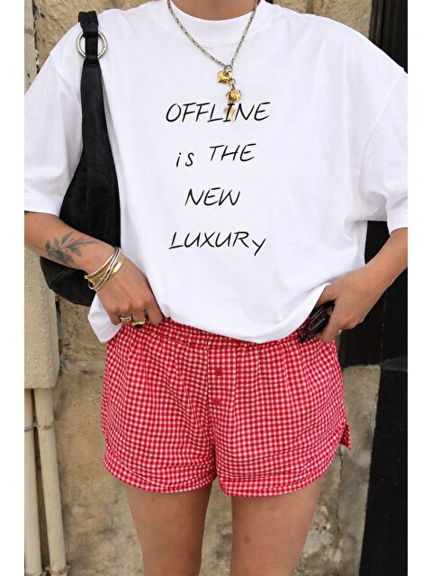 Monila Kadın Premium Kumaş Ekru Baskılı Oversize T-Shirt