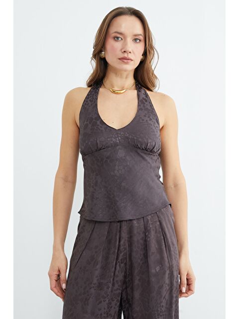 Fullamoda Leopar Desenli Boyundan Bağlamalı Saten Bluz - S000487656-19413