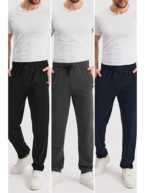 Mmetalic Siyah-Lacivert-Antrasit Erkek Fermuarlı Cepli Nakış Detaylı Düz Paça Rahat Kesim Günlük 3'lü Eşofman - S000363299-2596