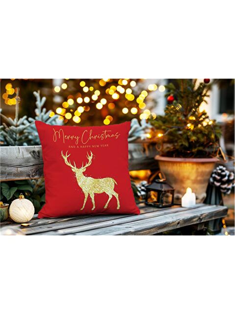 Evmila Yılbaşı Temalı Geyik Desenli Kadife Kırlent Kılıfı 43x43 cm - S000285277-23173