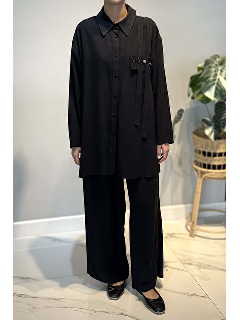 Remsa Tuniği Önden Düğmeli ve Boncuk İşlemeli Pantolonlu Takım 6938 Siyah - S000463847-19351