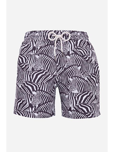 TUDORS Erkek Standart Fit Hızlı Kuruyan Desenli Siyah-Beyaz Mayo Deniz Şortu