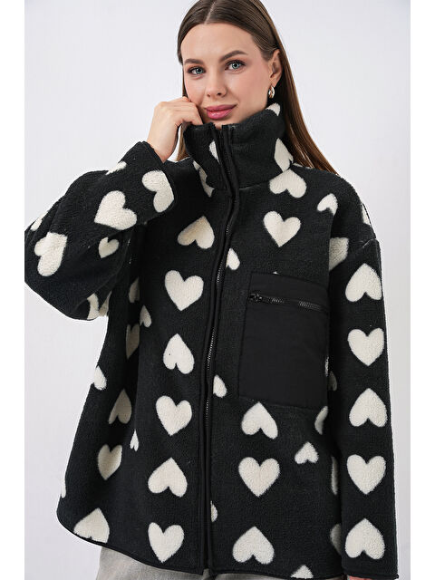 Bigdart 55446 Fermuarlı Oversize Pelüş Ceket Mont - K. Siyah - S000291464-4273