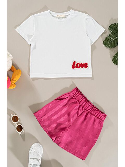 For You Kids Love Nakışlı Fuşya Beyaz Jakarlı Şort Alt Üst Takım - S000171611-18686