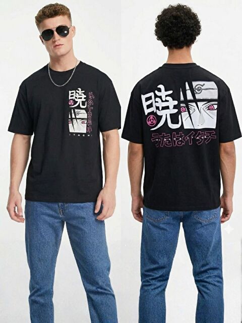 Trendseninle Siyah Penye Anime Baskılı tişört