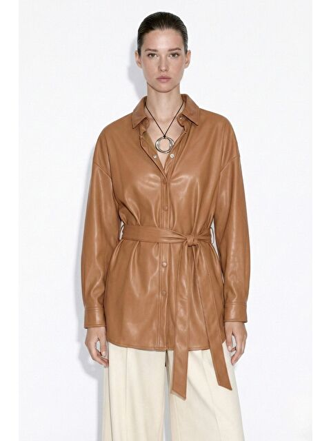 Mizalle Deri görünümlü Kuşaklı Camel Gömlek Tunik - S000515577-4557