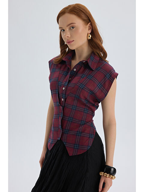 Mai Collection Frenzy Ekoseli Bordo Kısa Gömlek