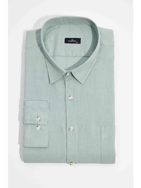 TUDORS Erkek Big Size Büyük Beden Uzun Kollu %100 Pamuk Keten Doku Tek Cepli Yeşil Düğmeli Yaka Gömlek