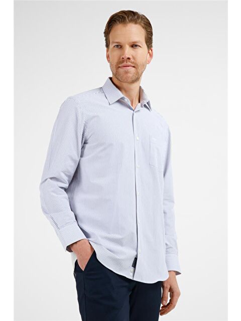 İMZA Beyaz - Lacivert Çizgili Desen Sert Yaka Uzun Kol Cepli Comfort Fit Pamuklu Gömlek 1004255281 - S000514546-37494