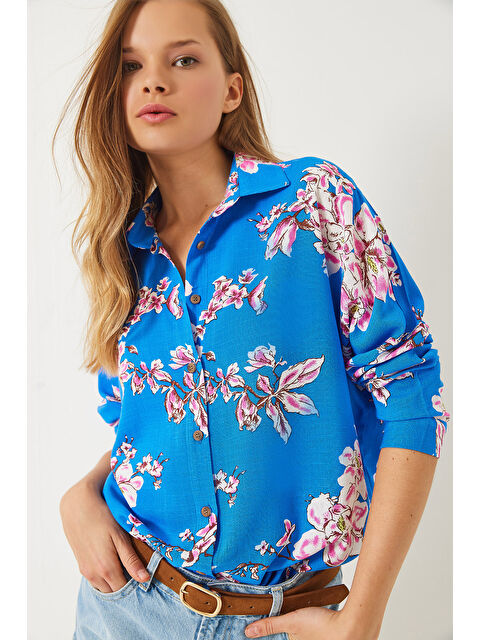 SHADE Kadın Çiçek Desenli Oversize Viskon Keten Gömlek - S000376659-37373