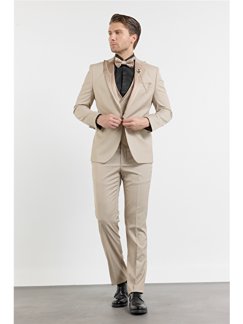 İMZA Bej Kılıç Yaka Çift Yırtmaç Esnek 6 Drop Slim Fit Damatlık Takım Elbise 1001250207