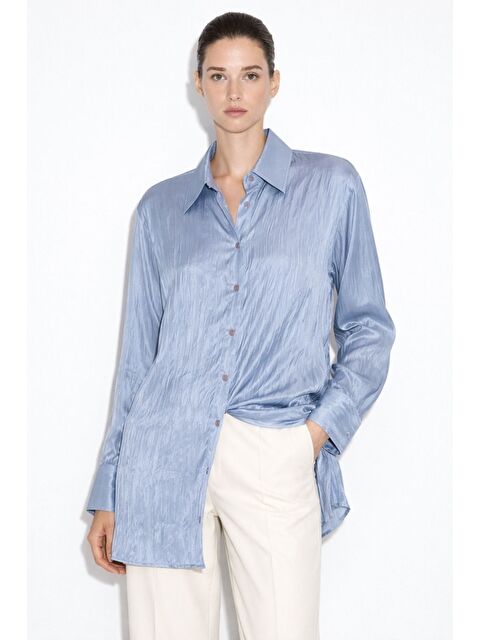 Mizalle Krinkle Mavi Gömlek Tunik - S000515579-17234