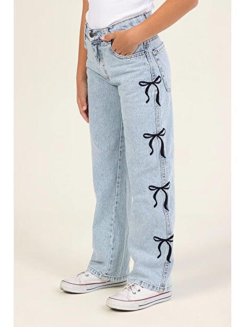 Magu Kız Çocuk Pamuklu Açık Mavi Fiyonklu Denim Pantolon – Günlük Rahat Kesim - S000470509-17234