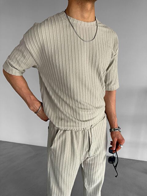 Abluka Online Erkek Oversize Desenli Triko Tişört Gri - S000163498-20600