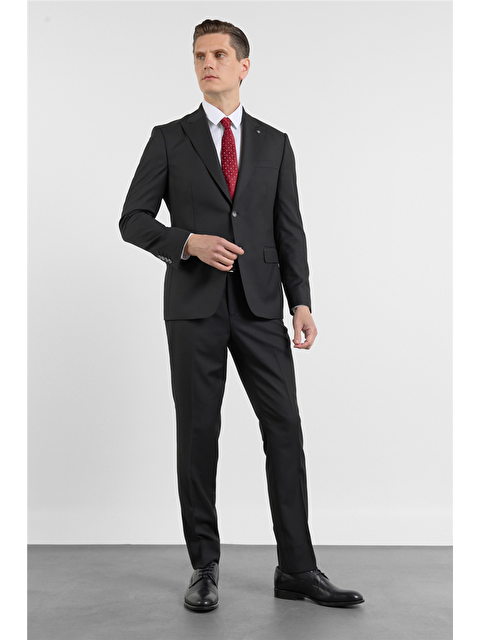 İMZA Siyah Kılıç Yaka Düz Desen 6 Drop Slim Fit Esnek Takım Elbise 1001260153