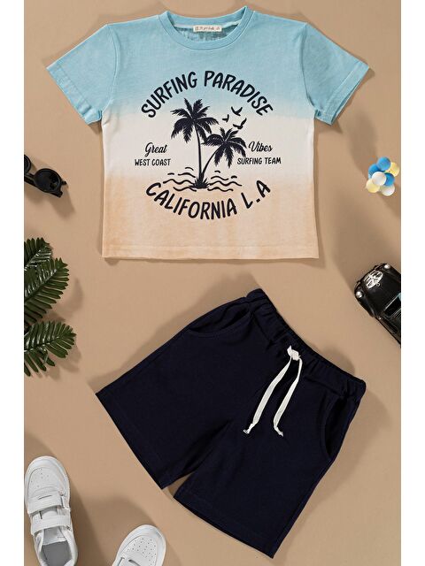 For You Kids Batik Baskılı Buz Mavisi Tshirt Şort Takım - S000171629-8826