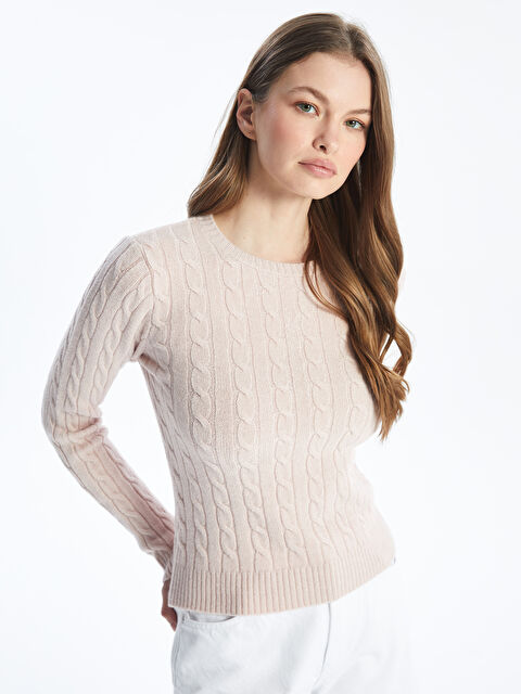 Dexia Saç Örgü Detaylı Bisiklet Yaka Yumuşak Dokulu Slim Fit İnce Triko - Pudra Renk - S000171207-20422