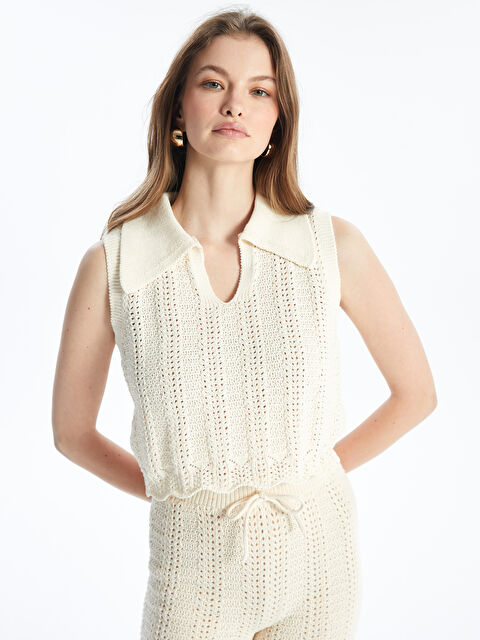 Dexia Molise - Örgü Detaylı Ajur Desenli Gömlek Yaka Triko Bluz - Ekru - S000265462-19965